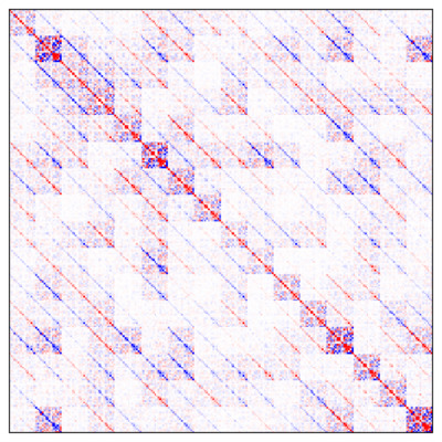 FashionMNIST linear model product matrix covariance. Deep mean-field layers induce a product matrix whose covariance has complicated off-diagonal correlations.